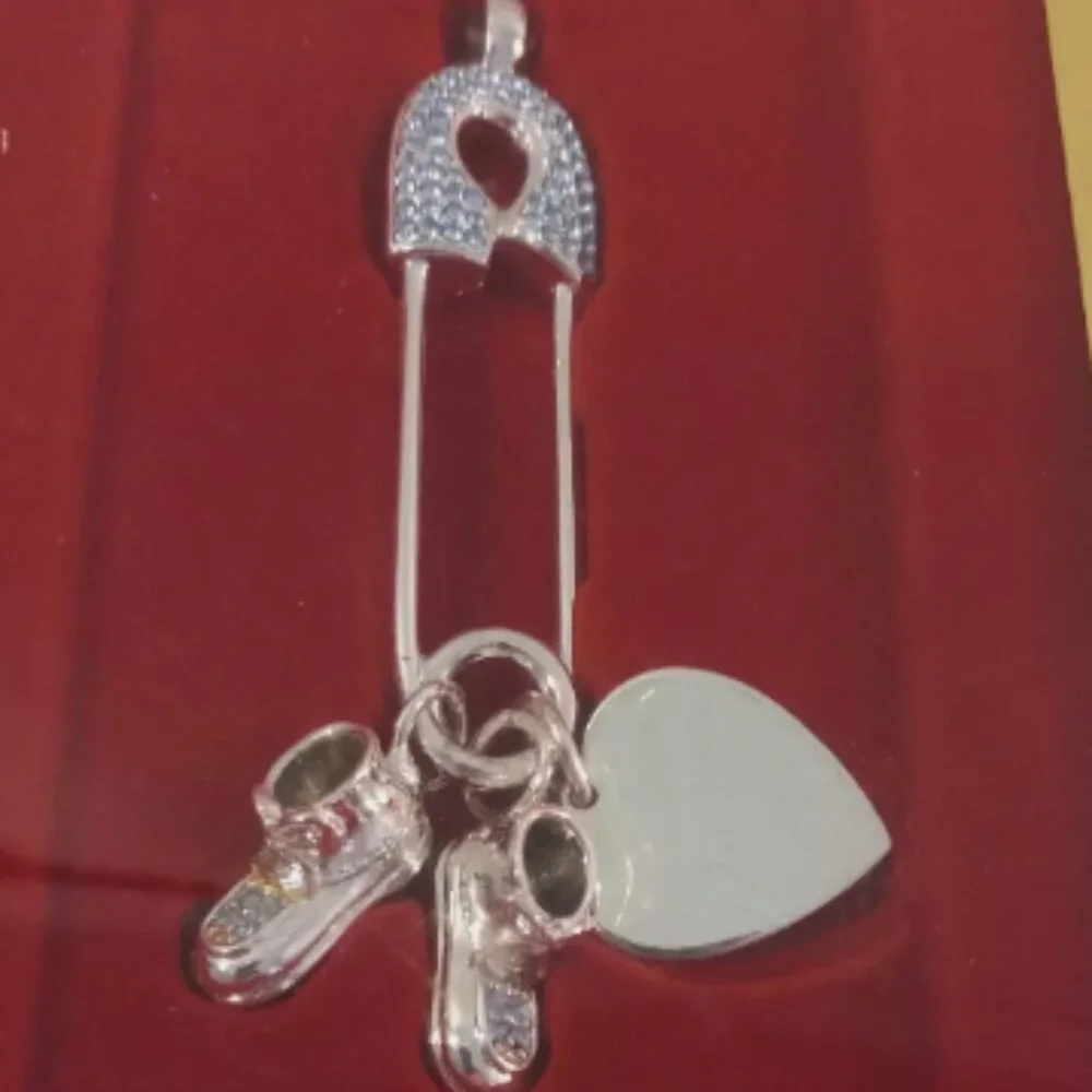 Lenox Baby Boy Diaper Pin Ornament Silverplate Booties Heart Crystals IOB